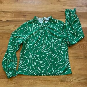 Green Wave-Print Long-Sleeve Women's Blouse